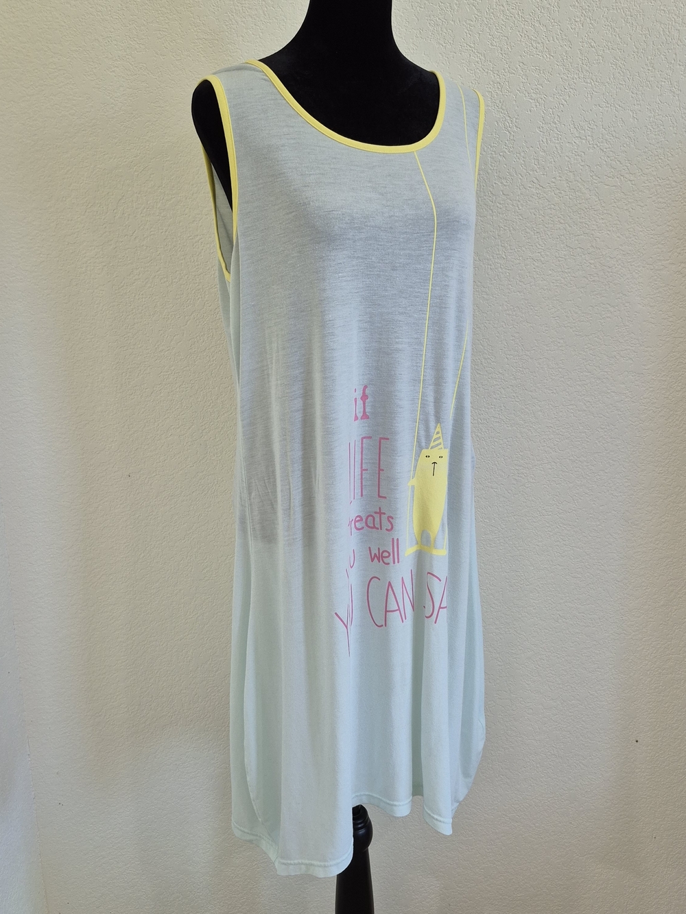 Light Blue Sleeveless Graphic Nightdress with Yellow Trim